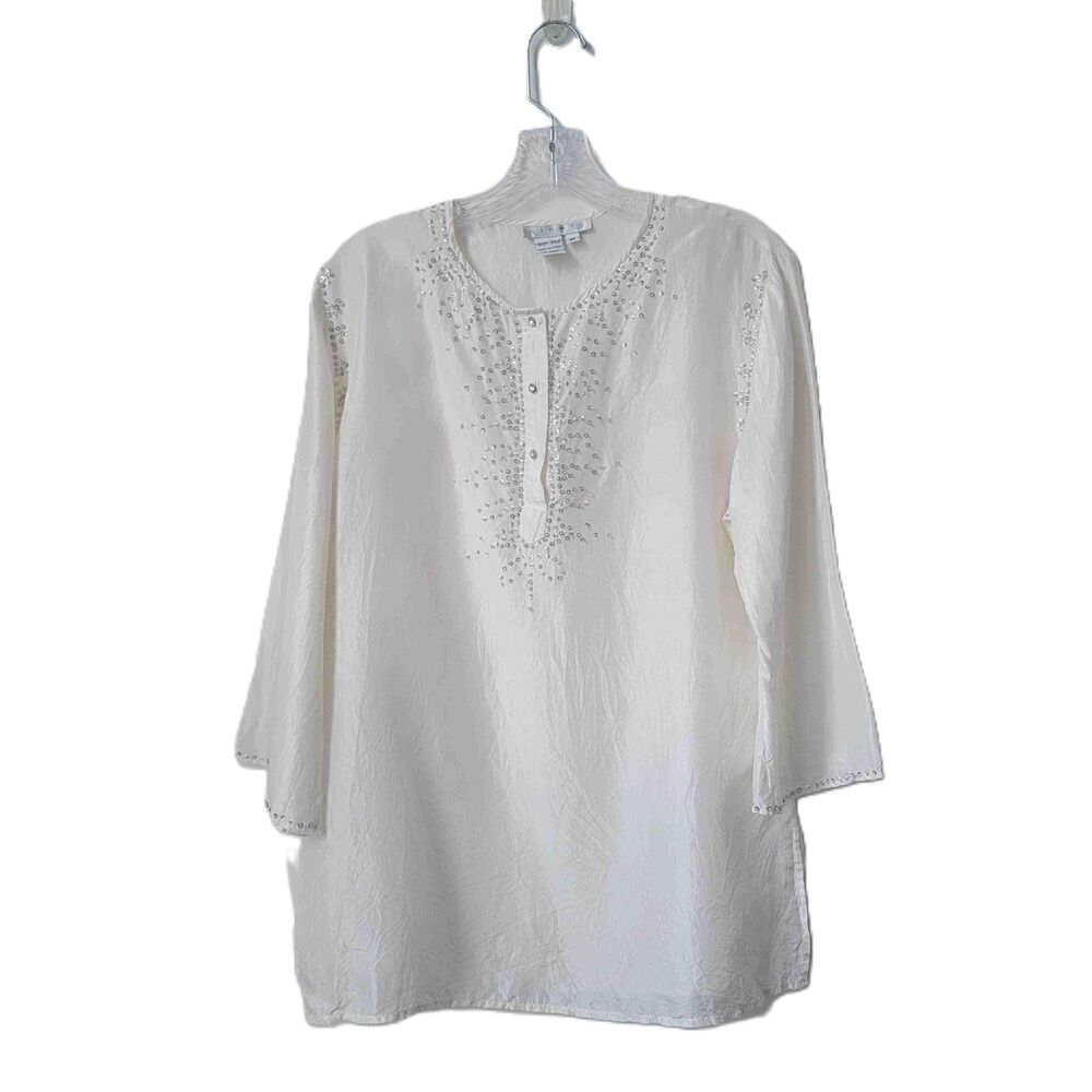 VINTAGE NINETY White Cotton Linen Embroidered Long Sleeve Tunic Size Medium